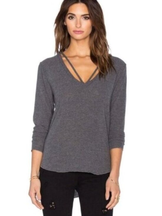 Revolve LNA Women's Sweater Strappy V-neck Long Sleeve Soft Charcoal Gray XS - Picture 1 of 13